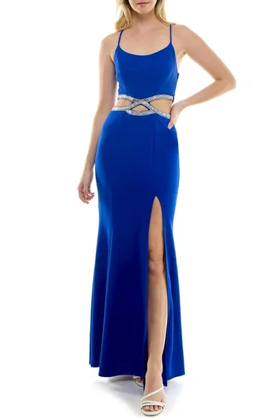 Speechless Rhinestone Trim Cutout Mermaid Gown In New Cobalt