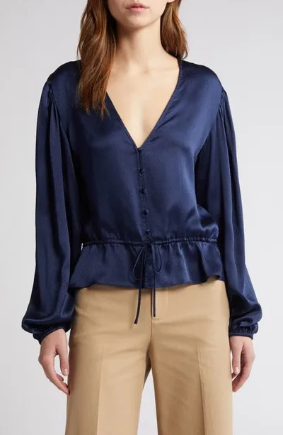 Frame Tie Waist Ruffle Hem Silk Top In Navy