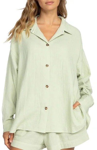 Roxy Morning Time High-low Organic Cotton Shirt In Laurel Green