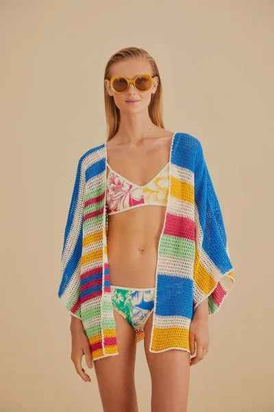 Farm Rio Mixed Stripes Crochet Kimono In Blue