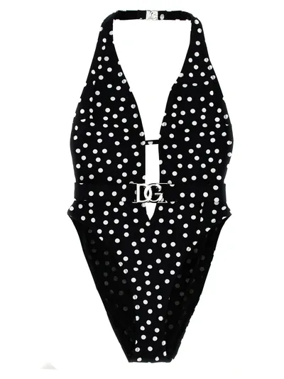 Dolce & Gabbana Logo Polka Dot One-piece Swimsuit Beachwear White/black In Multicolor