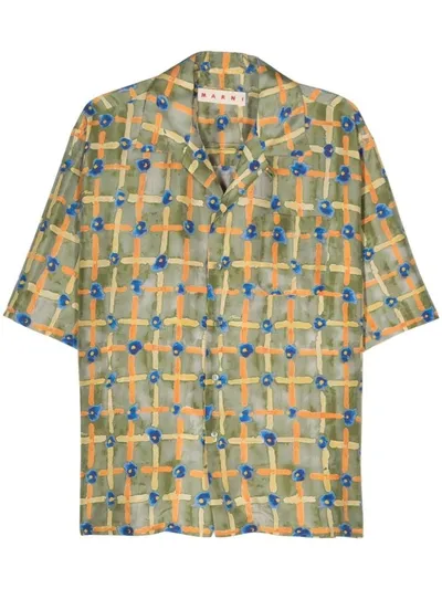 Marni Habotai Silk Shirt With Saraband Print In Verde