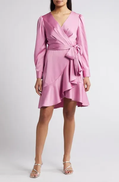 Tahari Asl Wrap Front Long Sleeve Satin Charmeuse Dress In Pink Macaroon