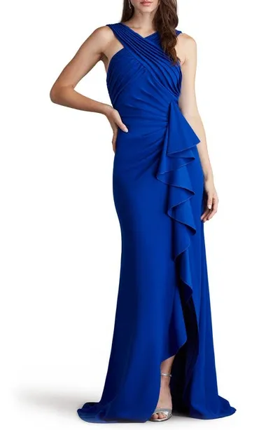 Tadashi Shoji Crossneck Side Ruffle Gown In Mystic Blue