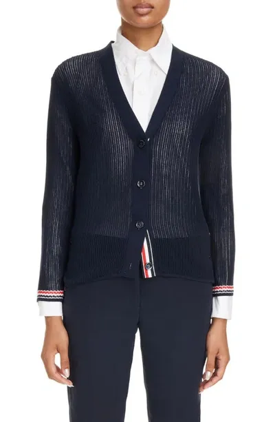 Thom Browne Rwb Stripe Trim Cotton Cardigan In Navy