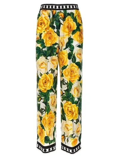 Dolce & Gabbana Yellow Rose Silk Pyjama Bottoms In Print