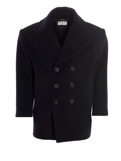 Saint Laurent Wool Double Breast Coat Coats, Trench Coats In 蓝色的