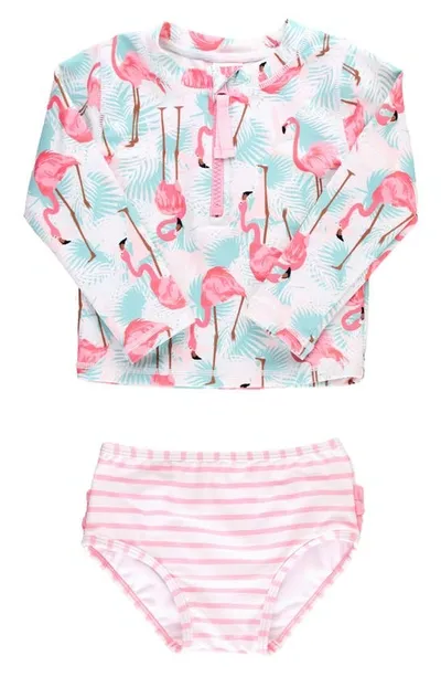 Rufflebutts Kids' Vibrant Flamingo Long Sleeve Two-piece Rashguard Swimsuit In Blue