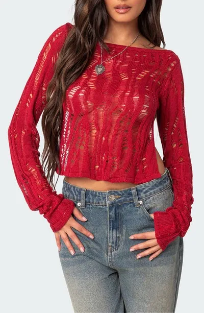 Edikted Rosa Open Back Sheer Sweater In Red