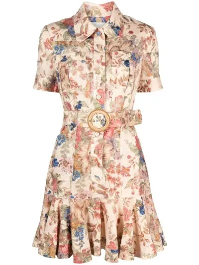 Zimmermann August Short Floral Dress In Beige