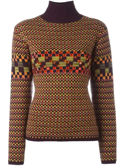 Pre-owned Jean Paul Gaultier Vintage Checked Embellished Turtleneck Jumper In Yellow