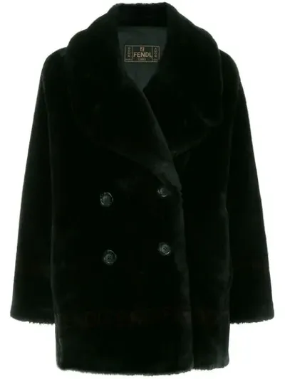 Pre-owned Fendi Logo Fake Fur Coat In Black