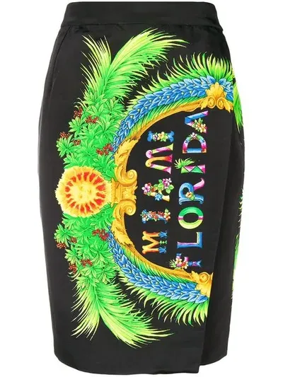 Pre-owned Versace Florida Print Envelope Skirt In Black