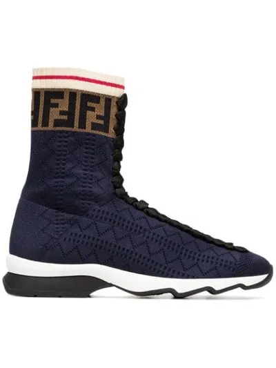 Fendi 30mm Logo Stretch Knit High Top Sneakers In Blue