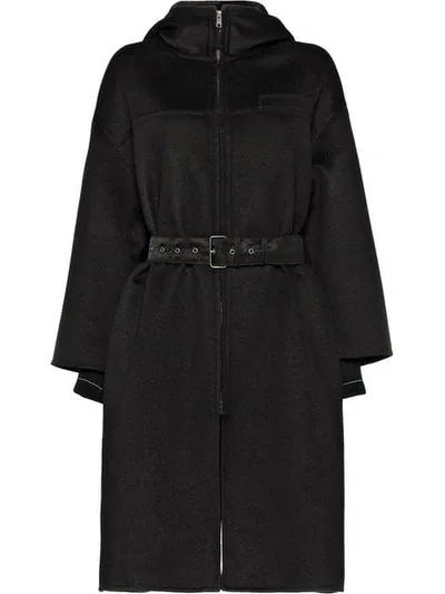 Prada Belted Hooded Coat In Black