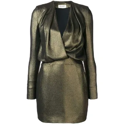 Saint Laurent Plunge Neck Mini Dress In Bronze