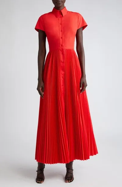 Brandon Maxwell Megan Pleated Cap Sleeve Cotton Shirtdress In Red