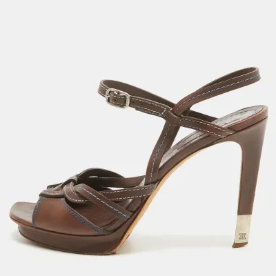 Pre-owned Celine Brown Leather Platform Ankle Strap Sandals Size 40.5