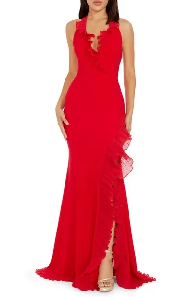 Dress The Population Kathleen Ruffle Halter Gown With Train In Rouge