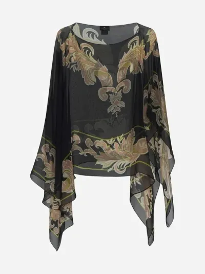 Etro Print Viscose Poncho Top In Black,multicolor