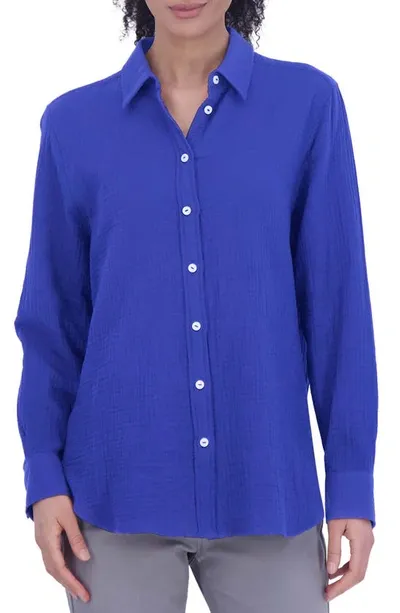 Foxcroft Cotton Gauze Tunic Button-up Shirt In Azure