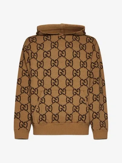 Gucci Gg-jacquard Wool-blend Hoodie In Camel,chocolate