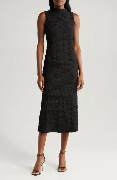 Halogen Puckered Cotton Blend Midi Dress In Rich Black