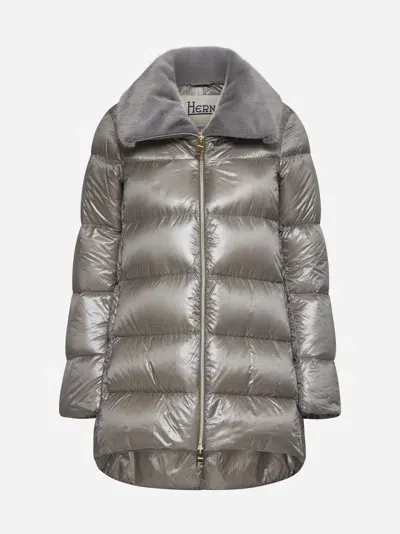 Herno A-shape Nylon And Faux Fur Down Jacket In Pearl Grey