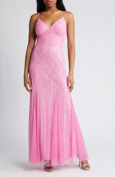 Jump Apparel Gatsby Beaded A-line Gown In Pink