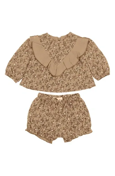 Maniere Babies' Manière Floral Ruffle Short Sleeve Top & Bloomers Set In Cream