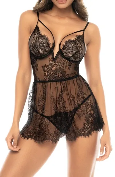 Mapalé Mapale Underwire Eyelash Lace Babydoll & G-string Set In Black