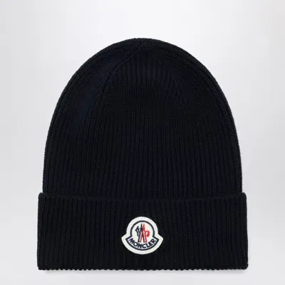 Moncler Blue Wool Bonnet With Logo Patch