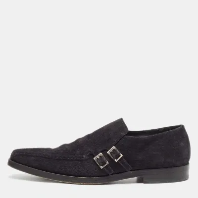 Pre-owned Prada Navy Blue Textured Suede Monk Derby Size 43