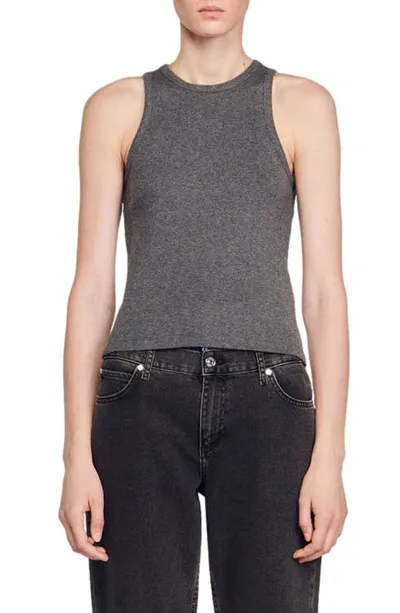 Sandro Jordie Embroidered Logo Rib Racerback Tank In Dark Grey