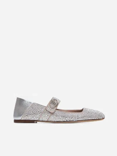 Valentino Garavani Vlogo Locker Crystal Leather Baller Flats In Silver