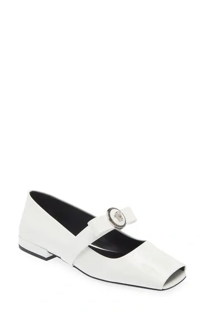 Versace Medusa Bow Open Toe Mary Jane Flat In White