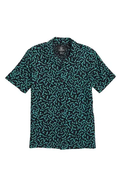 Volcom Kids' Asphalt Beach Print Short Sleeve Button-up Shirt In Black