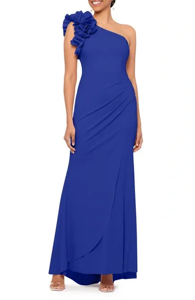 Xscape Ruffle One-shoulder Scuba Crepe Gown In Marine