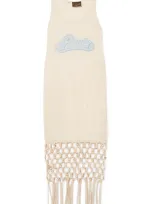 Loewe + Paula's Ibiza Embellished Macramé-trimmed Silk And Cotton-blend Jersey Dress In Neutrals