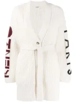 Kenzo Belted Ribbed Intarsia Wool-blend Cardigan In Ecru