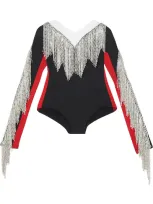 Burberry Fringe Detail Tri-tone Stretch Jersey Bodysuit In Black