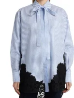 Valentino Pussy-bow Appliquéd Striped Cotton-poplin Shirt In Blue