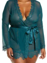 Oh La La Cheri Plus Size Provence Eyelash Lace Robe Set In Deep Teal