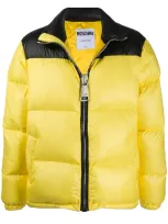 Moschino Rear Logo Embroidered Down Jacket In Yellow And Black