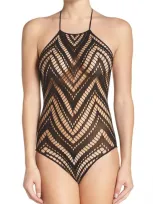 Hauty Desirae Knit Halter Lingerie Teddy With Zig Zag Pattern In Black