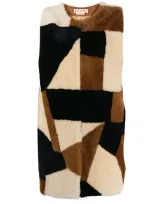 Marni Patchwork Print Shearling Gilet In Brown