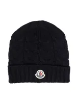 Moncler Babies' Logo Patch Cable-knit Beanie In Blue