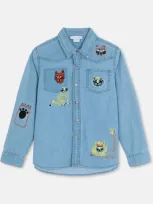 Stella Mccartney Kids' Chambray Shirt W/ Embroidered Cats In Blue