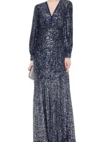 Rachel Zoe Ruched Sequined Tulle Gown In Navy