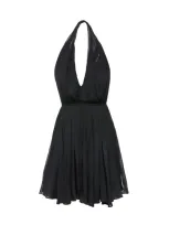 Saint Laurent Deep V Neck Viscose Crepe Mini Dress In Noir